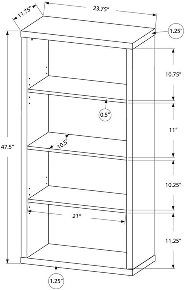 Monarch Specialties Bookcase - Sturdy Etagere with 3 Adjustable Book Shelves - 48”H (Brown)