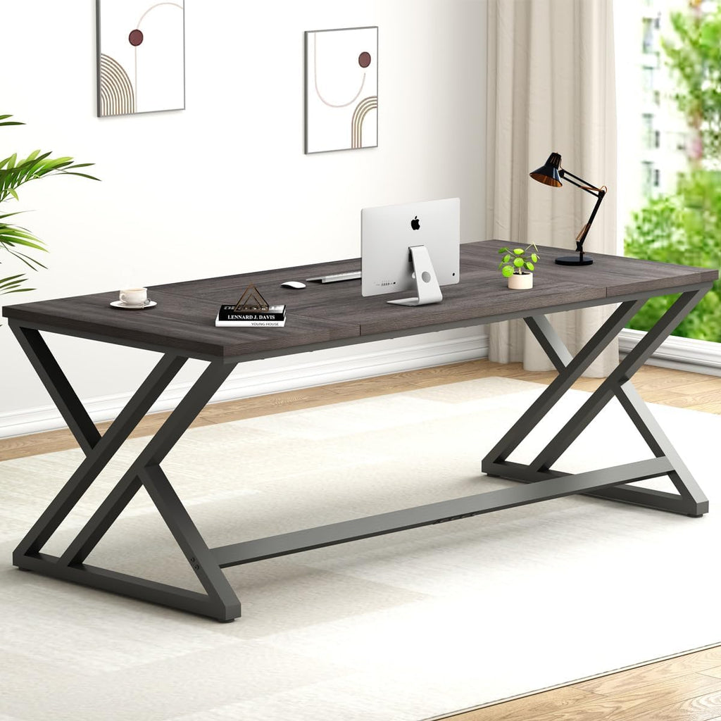 LVB Long Rustic Computer Desk, Industrial Large Wood Metal Office Desk, Modern Pc Study Gaming Writing Table for Two Person, Workstation Executive Desk for Home Bedroom Living Room, Dark Gray, 70 Inch