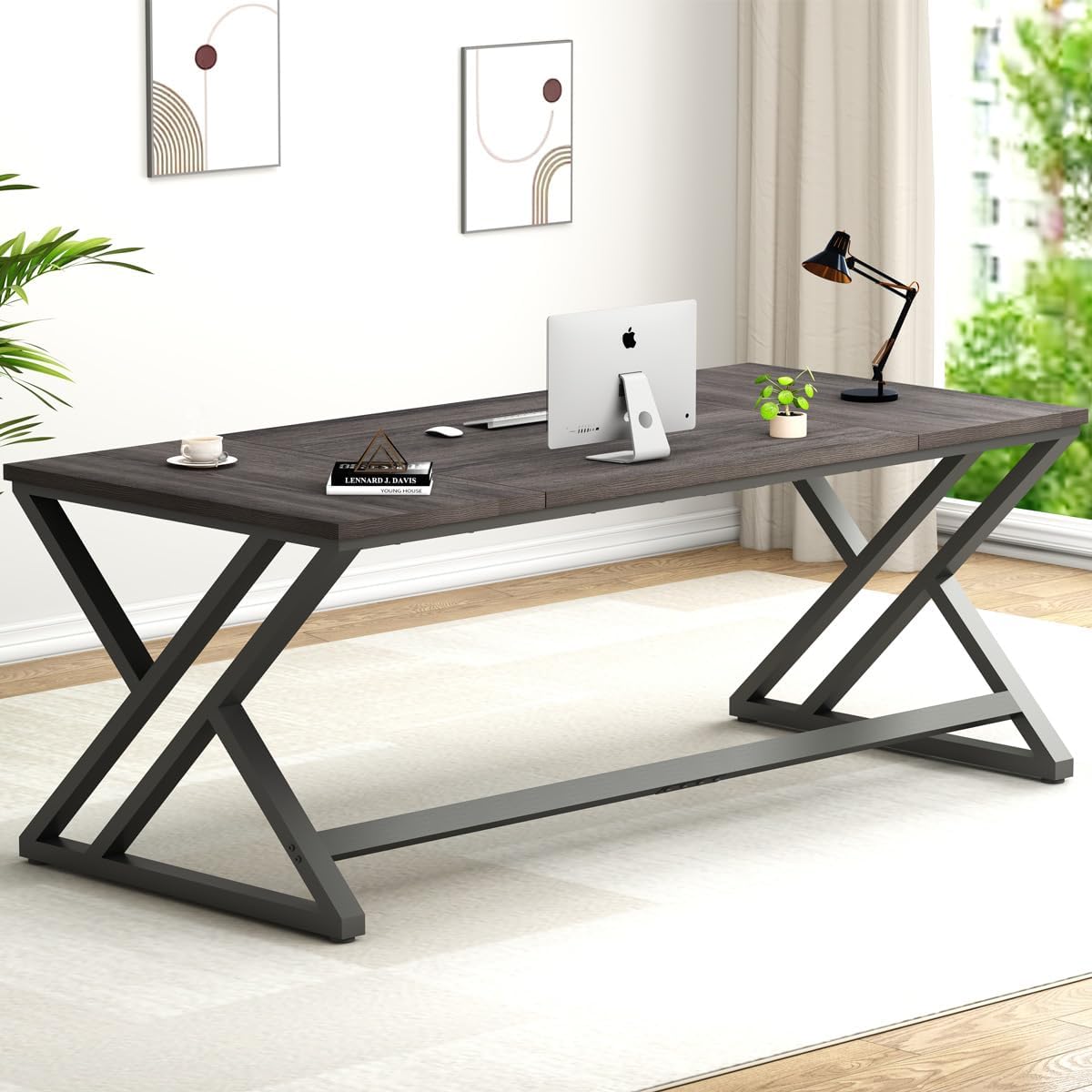 LVB Long Rustic Computer Desk, Industrial Large Wood Metal Office Desk, Modern Pc Study Gaming Writing Table for Two Person, Workstation Executive Desk for Home Bedroom Living Room, Dark Gray, 70 Inch