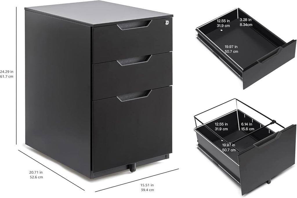 Amazon Basics Mobile File Cabinet, Black, 20.71" D x 15.51" W x 24.29" H | With Lock, 3 Drawer