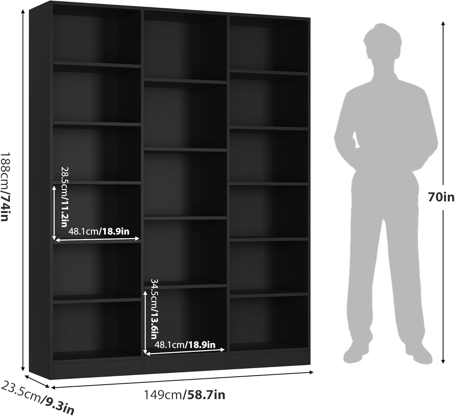 FACBOTALL Triple Wide Bookshelf, 6 Tier Large Bookshelf, Bookcase with 17 Open Display Shelves, 74'' Tall Bookcases and Bookshelves for Living Room, Home Office, Library, Black