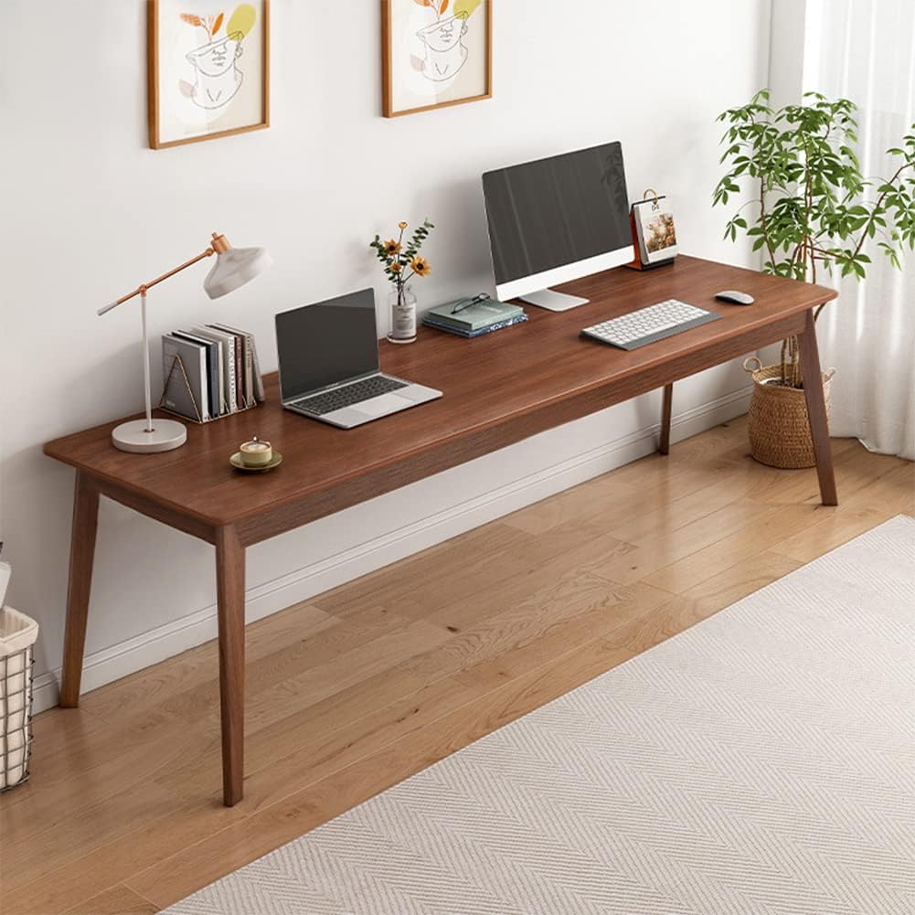 Mid-Century Long Desk Table - 63" Simple Modern Extra Long 2-Person Wood Computer Workstation for Home Office Work in Walnut, 63" W x 20" D