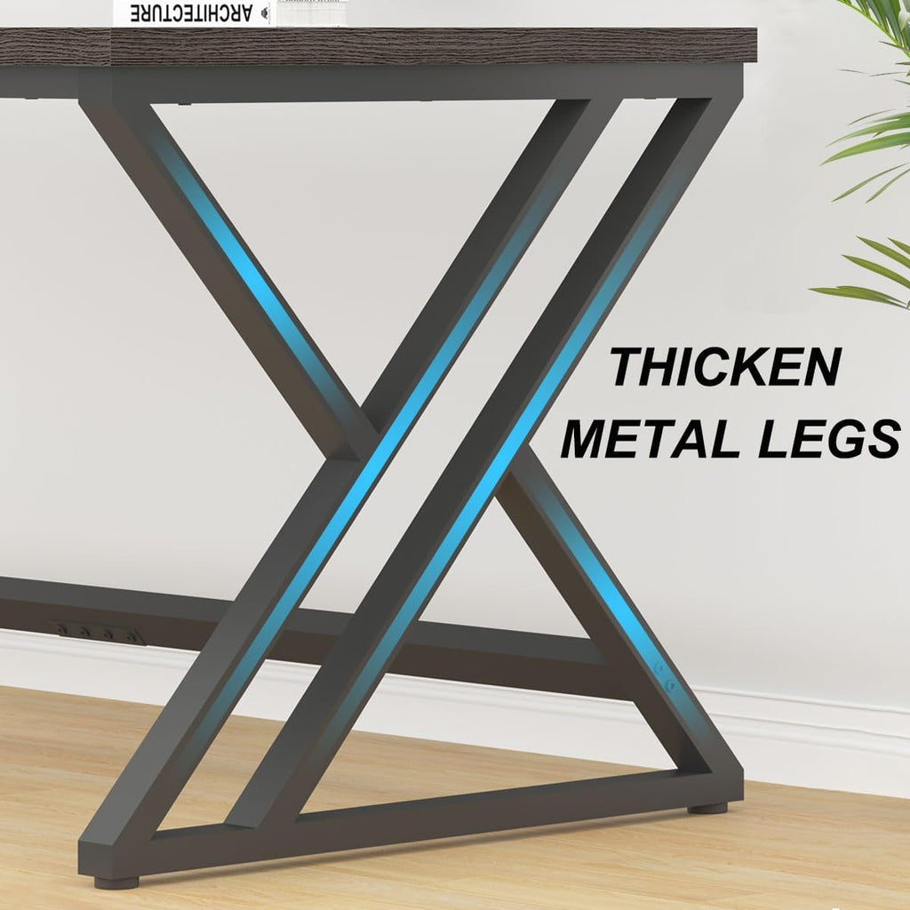 LVB Long Rustic Computer Desk, Industrial Large Wood Metal Office Desk, Modern Pc Study Gaming Writing Table for Two Person, Workstation Executive Desk for Home Bedroom Living Room, Dark Gray, 70 Inch