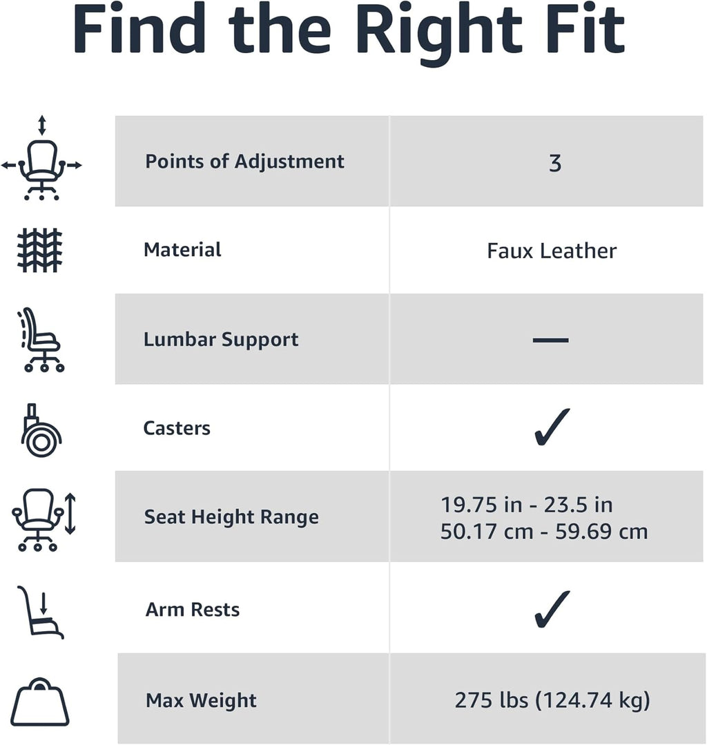 Amazon Basics Classic Puresoft PU Padded Mid-Back Height Adjustable Office Computer Desk Chair with Armrest, 26"D x 23.75"W x 42"H, Black
