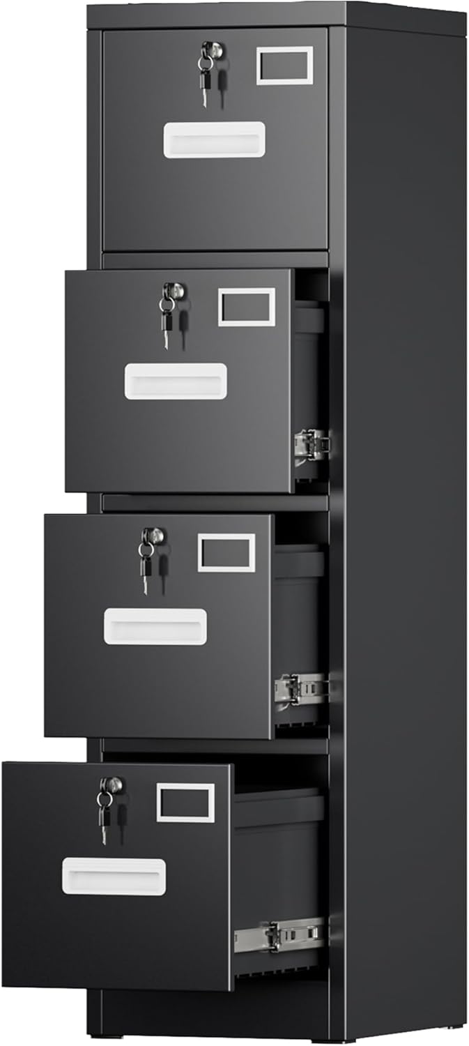 Aobabo 4 Drawer Wide Lateral File Cabinet, Metal Filing Cabinet with Lock, Suitable for Home Office School Hanging Files Letter/Legal/F4/A4 Size,Black,Required-Assembly,15.87" D x 28.94" W x 57.17" H