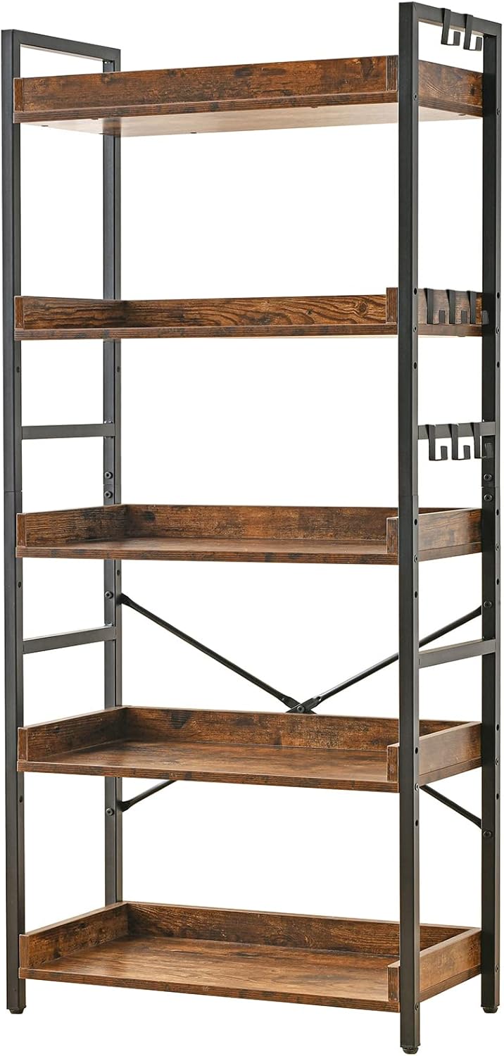 HCHQHS Adjustable 6 Tier Open Bookcase, Rustic Farmhouse Book Shelves, Industrial Wood and Black Metal Bookshelves, Mid Century Bookcase for Home Office Living Room Bedroom