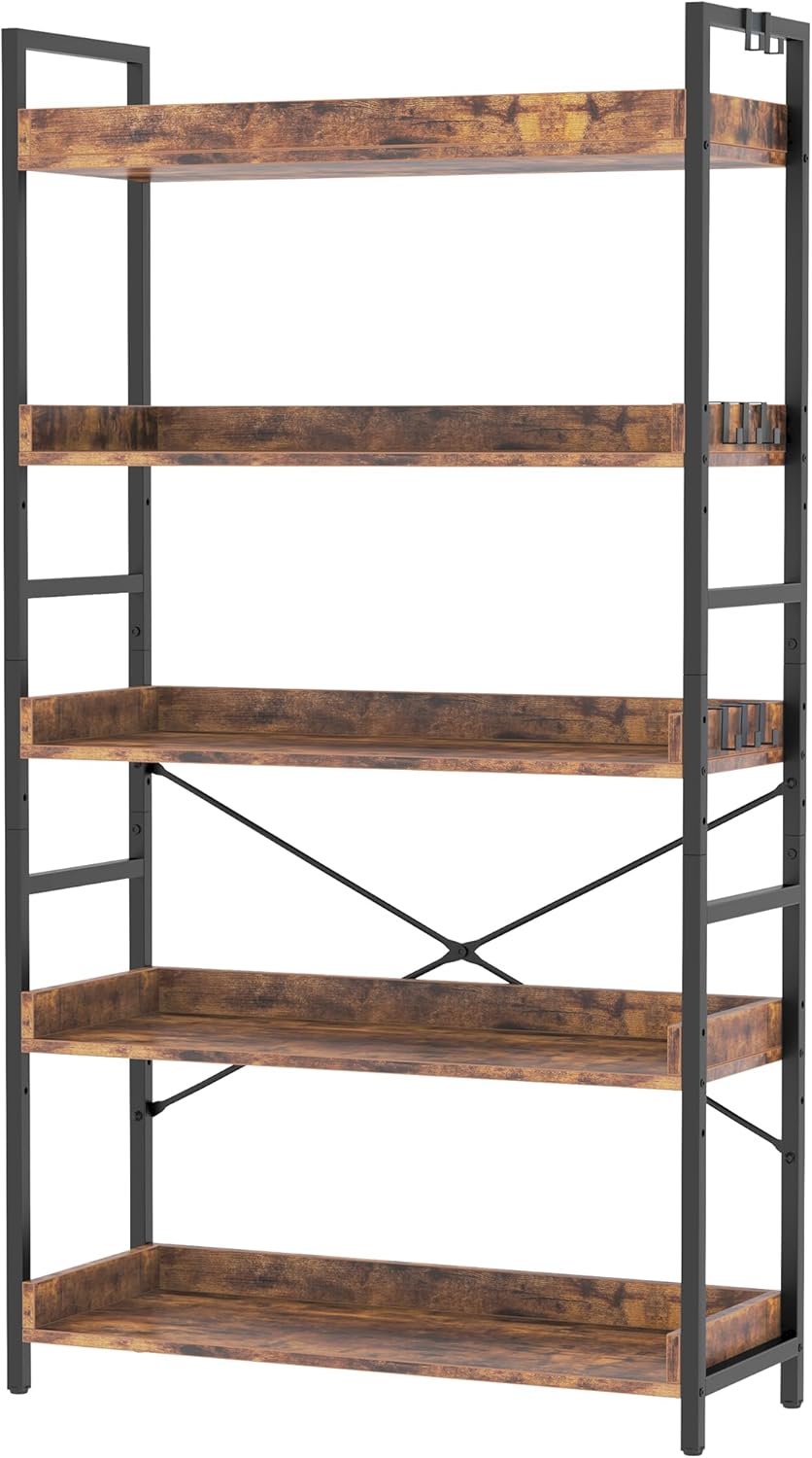HCHQHS Adjustable 6 Tier Open Bookcase, Rustic Farmhouse Book Shelves, Industrial Wood and Black Metal Bookshelves, Mid Century Bookcase for Home Office Living Room Bedroom