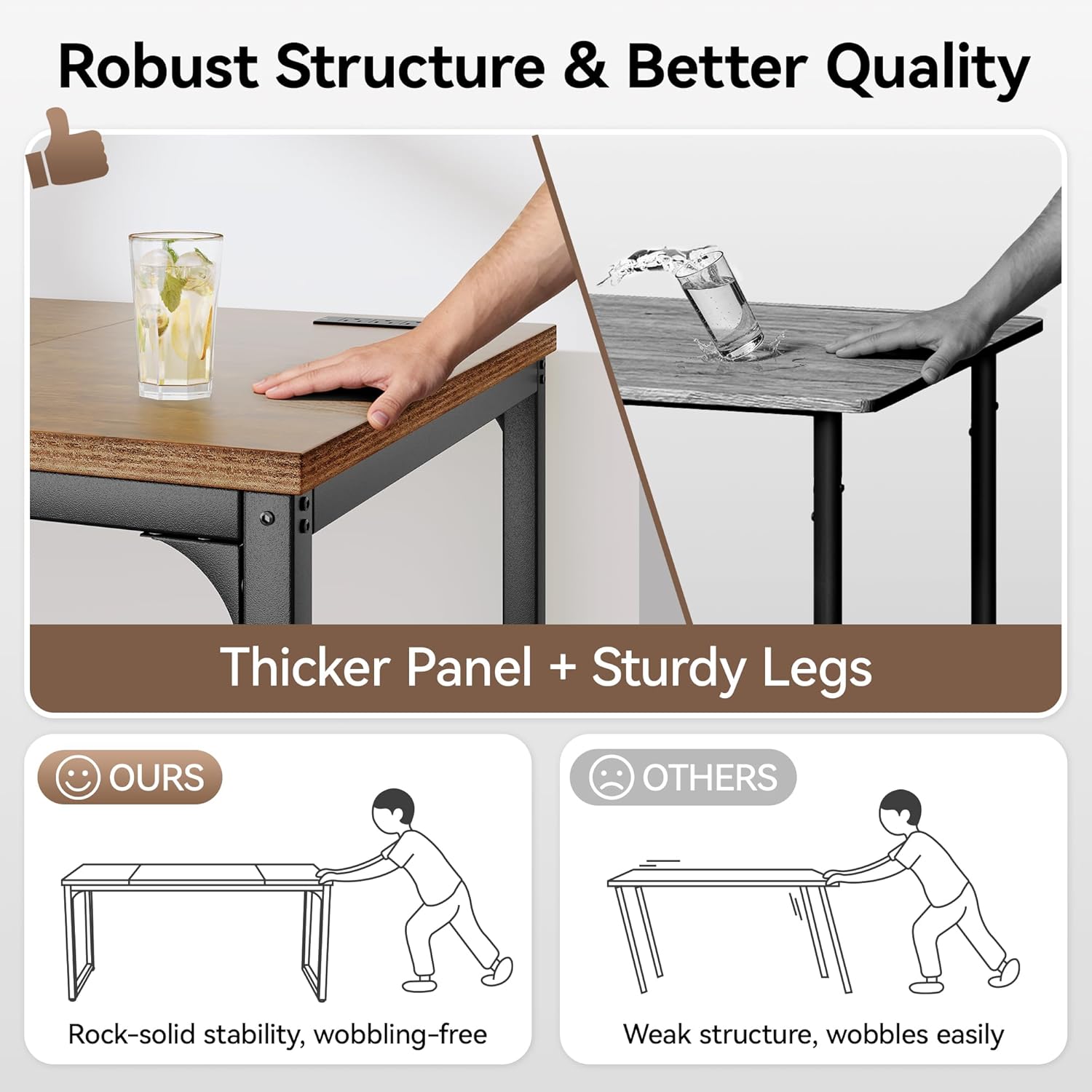 63 x 23.6 Inch Computer Desk with Power Outlets, 1.2 Inch Extra-Thick Desktop, Deeper Office Desk with Robust Metal Tubes, Gaming Writing Work Desk for Home Office, Rustic Brown and Black