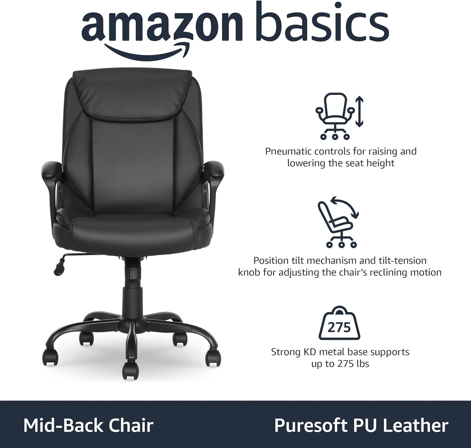 Amazon Basics Classic Puresoft PU Padded Mid-Back Height Adjustable Office Computer Desk Chair with Armrest, 26"D x 23.75"W x 42"H, Black