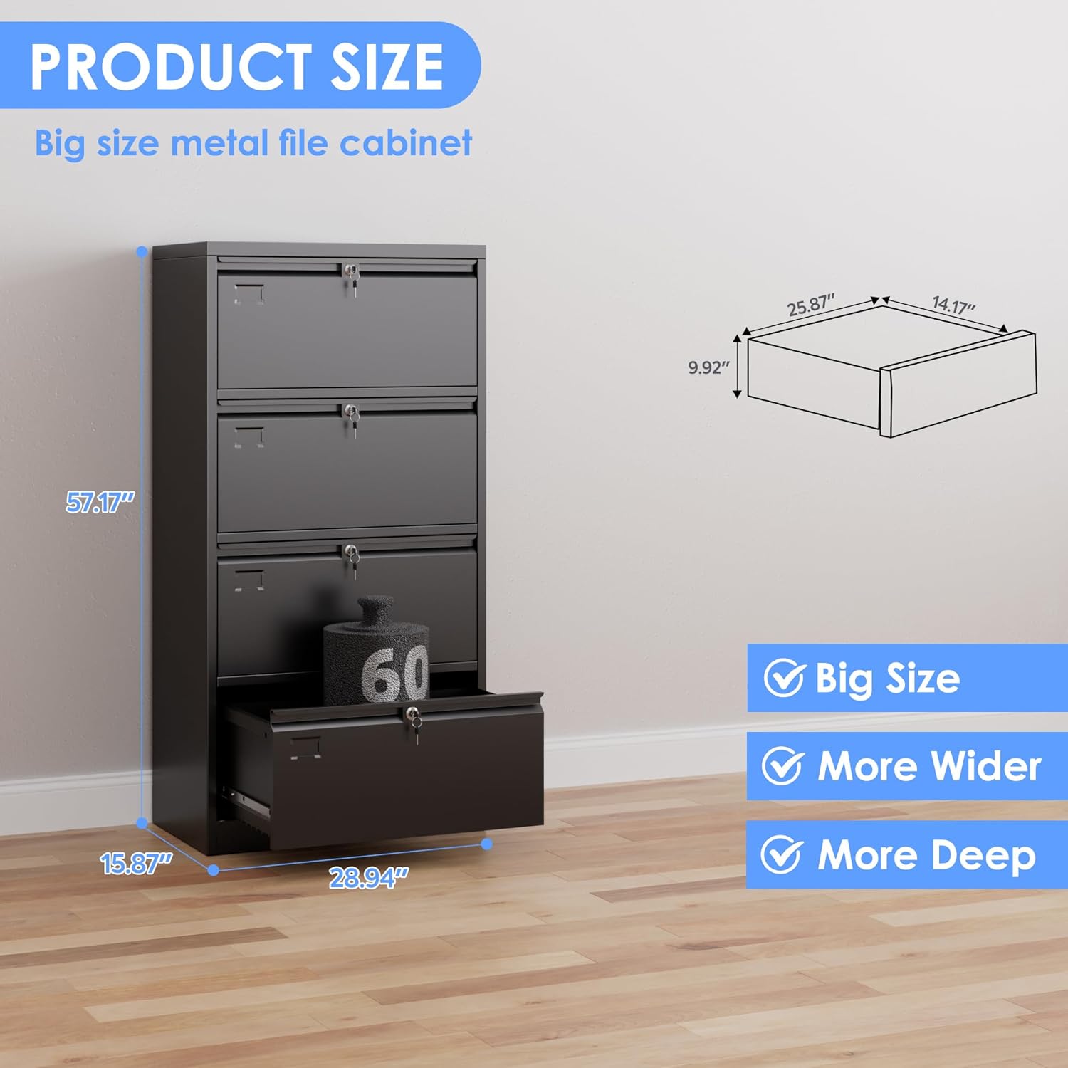 Aobabo 4 Drawer Wide Lateral File Cabinet, Metal Filing Cabinet with Lock, Suitable for Home Office School Hanging Files Letter/Legal/F4/A4 Size,Black,Required-Assembly,15.87" D x 28.94" W x 57.17" H