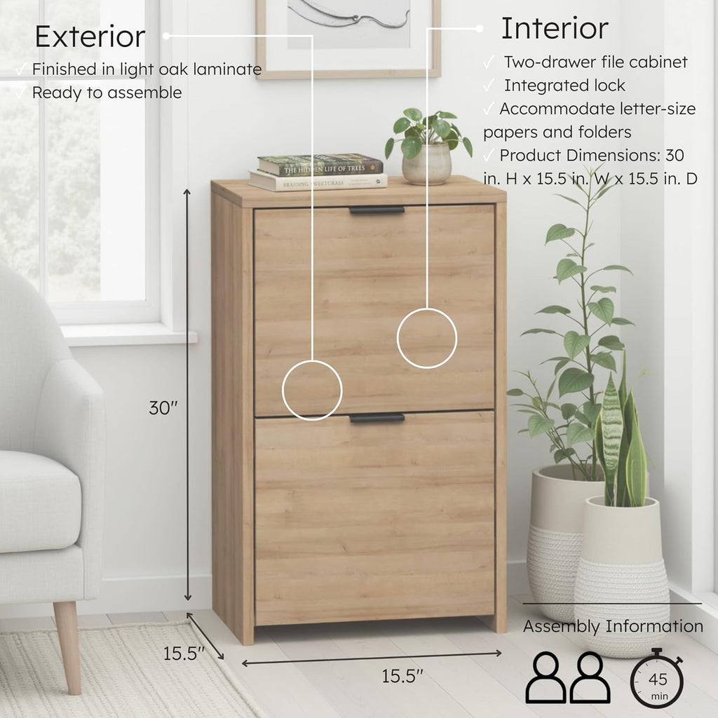 Prepac 30" Tall Vertical File Cabinet with 2 Locking Drawers, Light Oak
