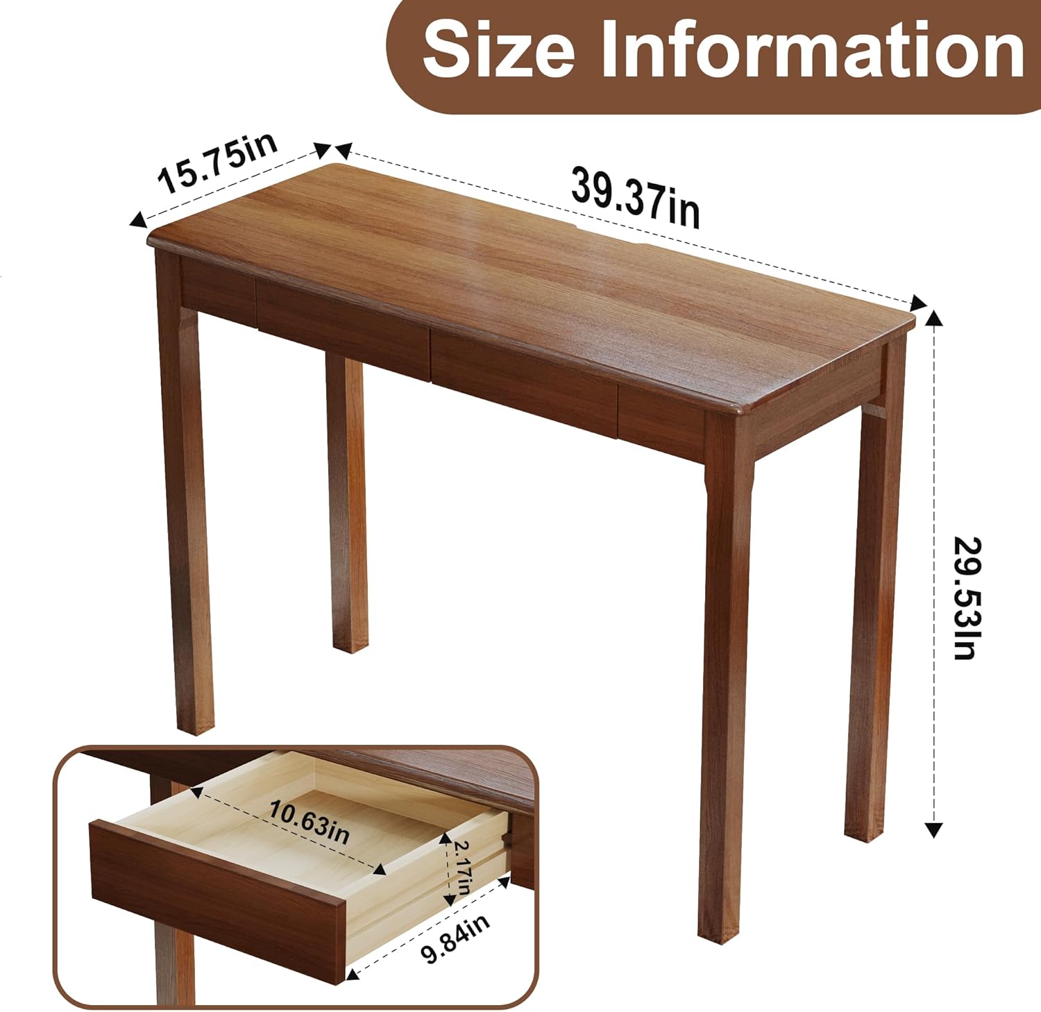 Solid Wooden Desk with Drawers - 39 x 16 Inch Narrow Desks, Rubberwood Mid Century Modern Desks, Small Writing Desk for Bedroom|Small Spaces - Walnut Color