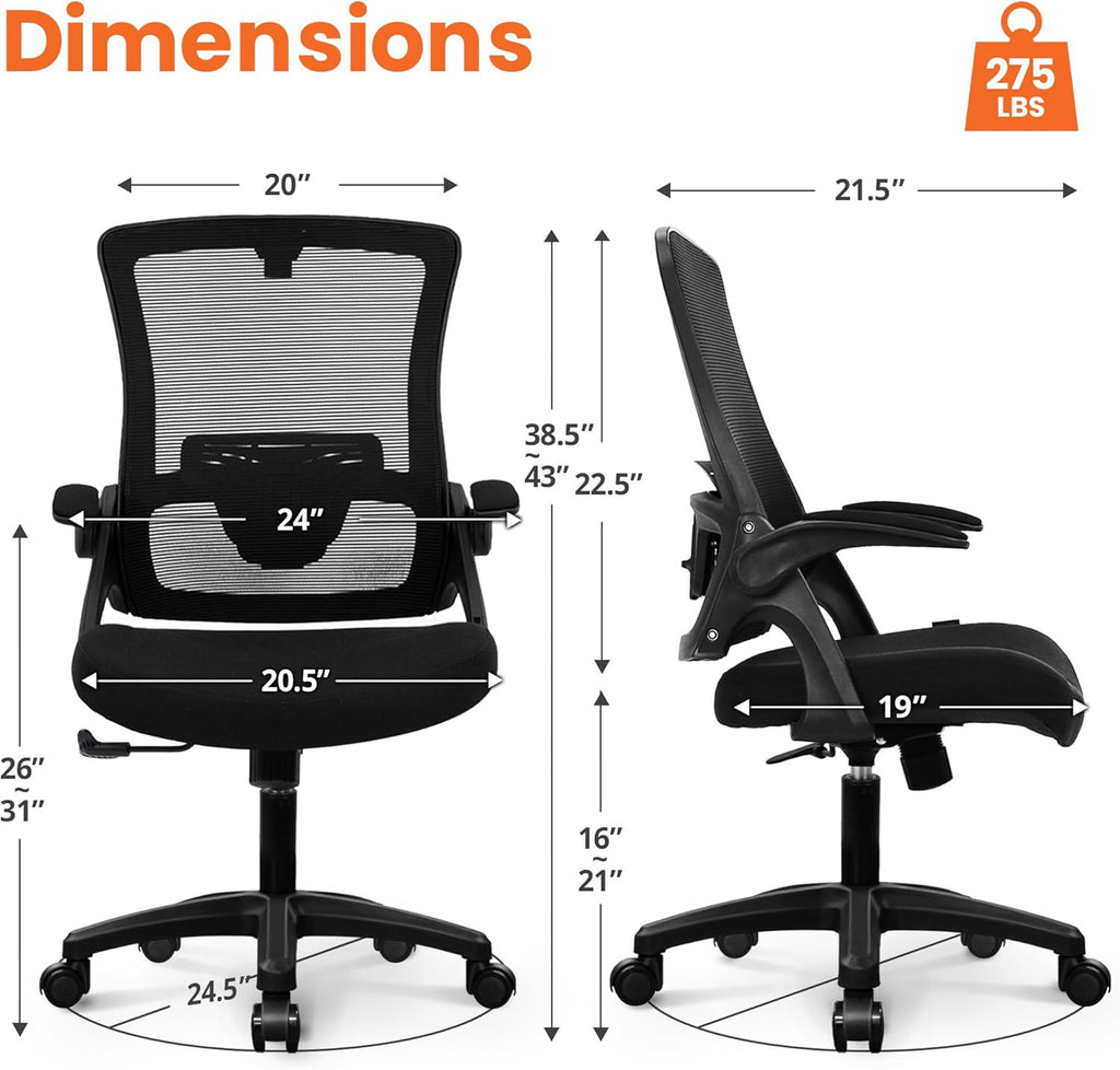 NEO Chair Office Desk Chair Computer High Back Mesh Gaming Seat with Ergonomic Adjustable Comfy Flip-up Armrests Lumbar Support Height for Home (Black)