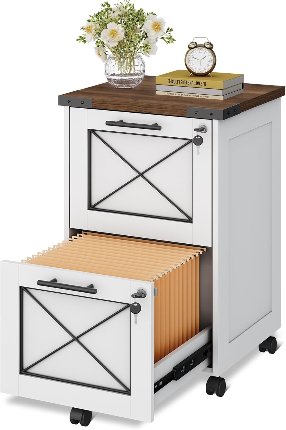 DEVAISE 3-Drawer File Cabinet with Hanging Files, Mobile Rolling Storage Cabinet for Home Office, Printer Stand, Farmhouse Style, Oak