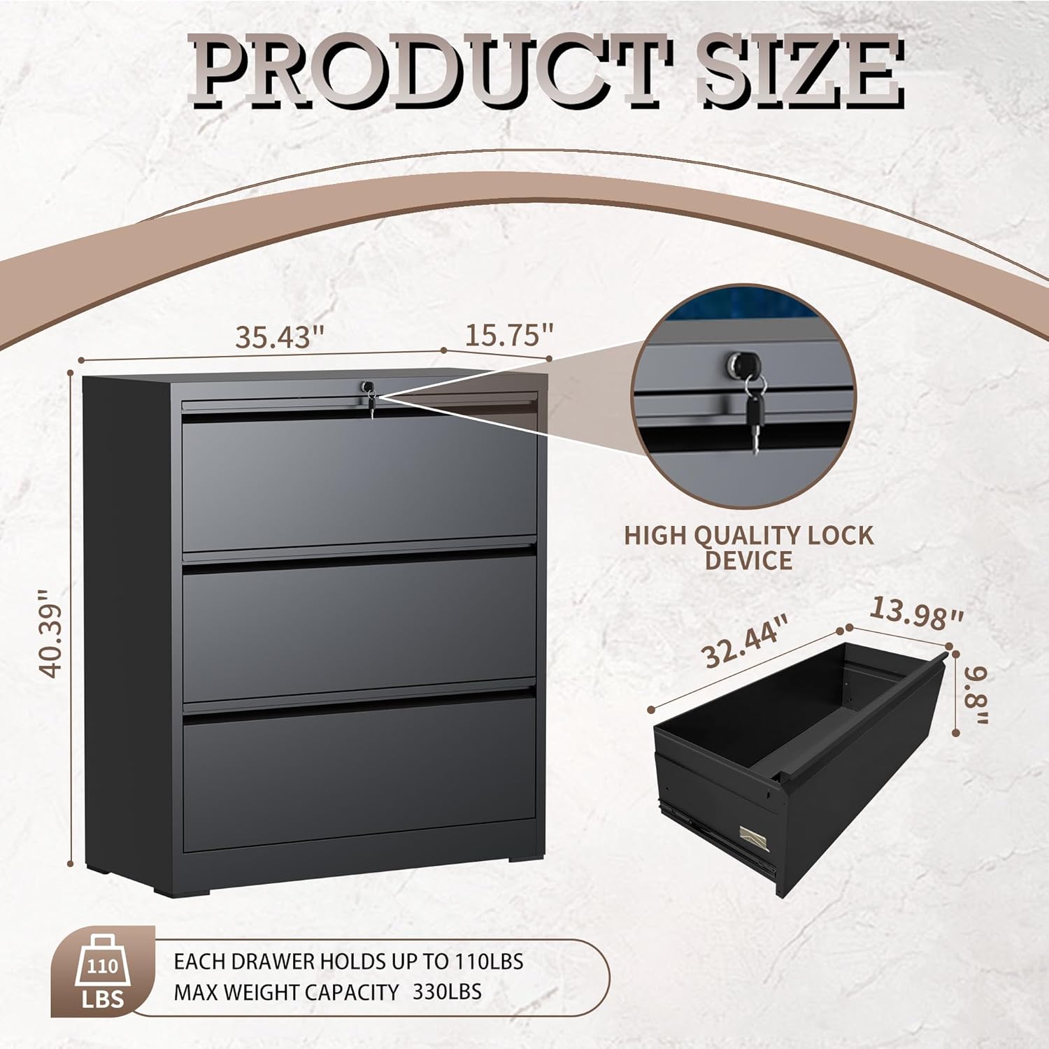 3 Drawer Lateral File Cabinet for Home Office, Lateral File Cabinets with Lock, Metal File Cabinet, Heavy Duty File Storage Cabinet for Legal/Letter/A4 Document, Assembly Required, Black