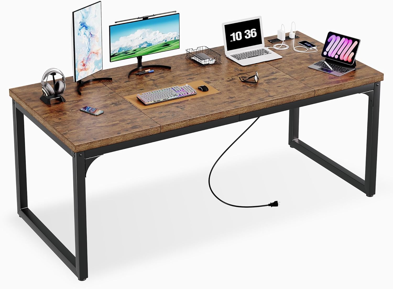 63 x 23.6 Inch Computer Desk with Power Outlets, 1.2 Inch Extra-Thick Desktop, Deeper Office Desk with Robust Metal Tubes, Gaming Writing Work Desk for Home Office, Rustic Brown and Black