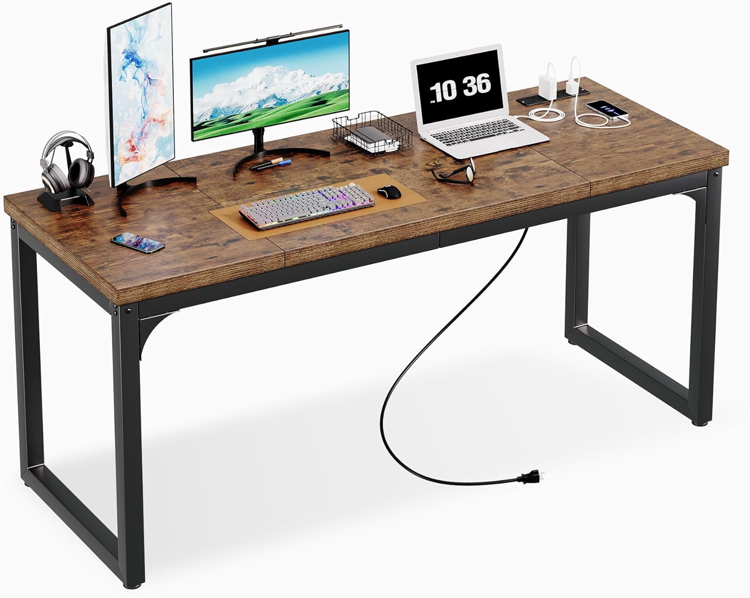 63 x 23.6 Inch Computer Desk with Power Outlets, 1.2 Inch Extra-Thick Desktop, Deeper Office Desk with Robust Metal Tubes, Gaming Writing Work Desk for Home Office, Rustic Brown and Black
