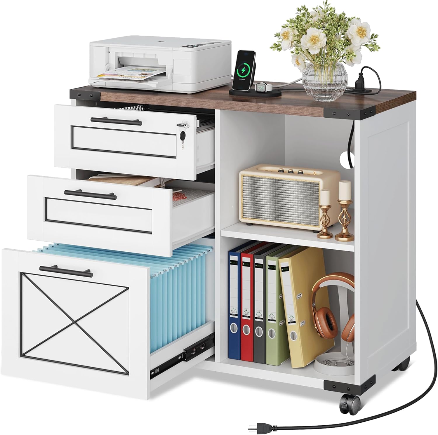 DEVAISE 3-Drawer File Cabinet with Hanging Files, Mobile Rolling Storage Cabinet for Home Office, Printer Stand, Farmhouse Style, Oak