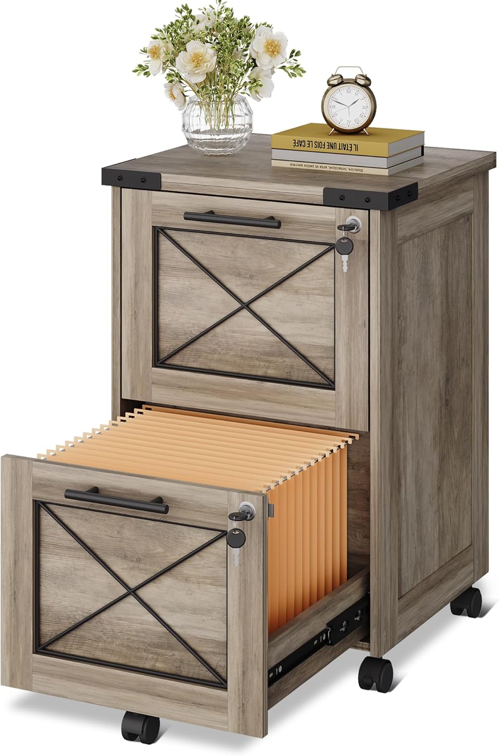 DEVAISE 3-Drawer File Cabinet with Hanging Files, Mobile Rolling Storage Cabinet for Home Office, Printer Stand, Farmhouse Style, Oak