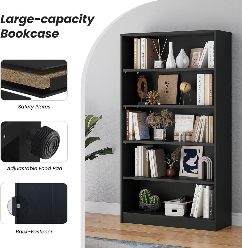 Bookcase Adjustable Storage Shelves,5-Tier Modern Wood Bookcase for Bedroom,60-Inch Bookshelf, Office, Living Room & Library(Black)