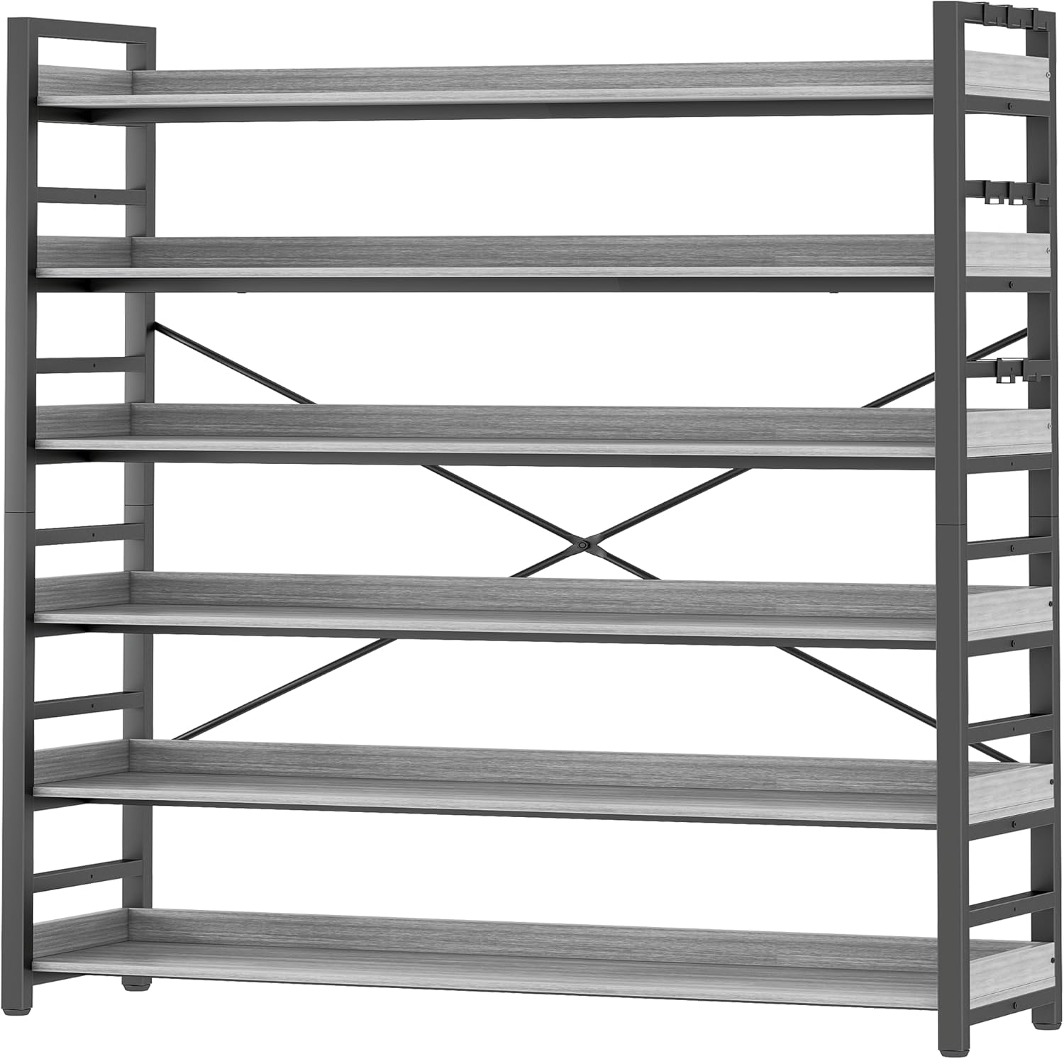 HCHQHS Adjustable 6 Tier Open Bookcase, Rustic Farmhouse Book Shelves, Industrial Wood and Black Metal Bookshelves, Mid Century Bookcase for Home Office Living Room Bedroom