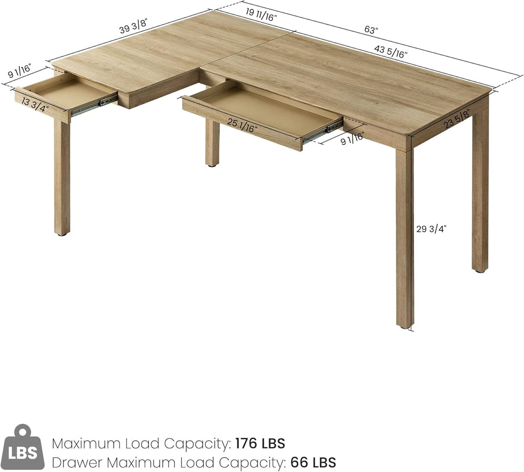 EUREKA ERGONOMIC 63 Inch L Shaped Desk with Drawers, Large Executive Computer Corner Table Dual Monitor, Wood Furniture Work Desk for Home Office Study Craft Writing, Oak, Left Side