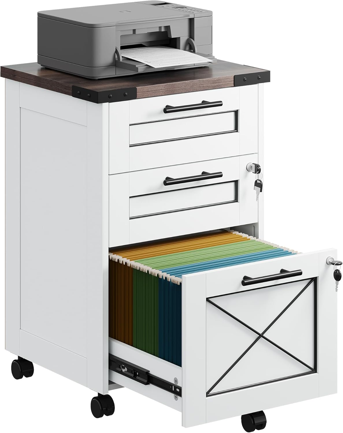 DEVAISE 3-Drawer File Cabinet with Hanging Files, Mobile Rolling Storage Cabinet for Home Office, Printer Stand, Farmhouse Style, Oak