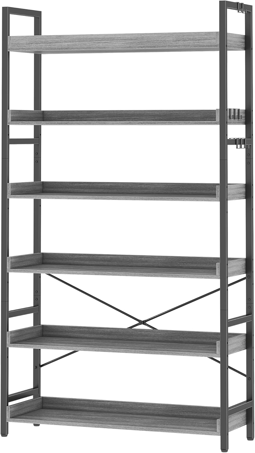 HCHQHS Adjustable 6 Tier Open Bookcase, Rustic Farmhouse Book Shelves, Industrial Wood and Black Metal Bookshelves, Mid Century Bookcase for Home Office Living Room Bedroom