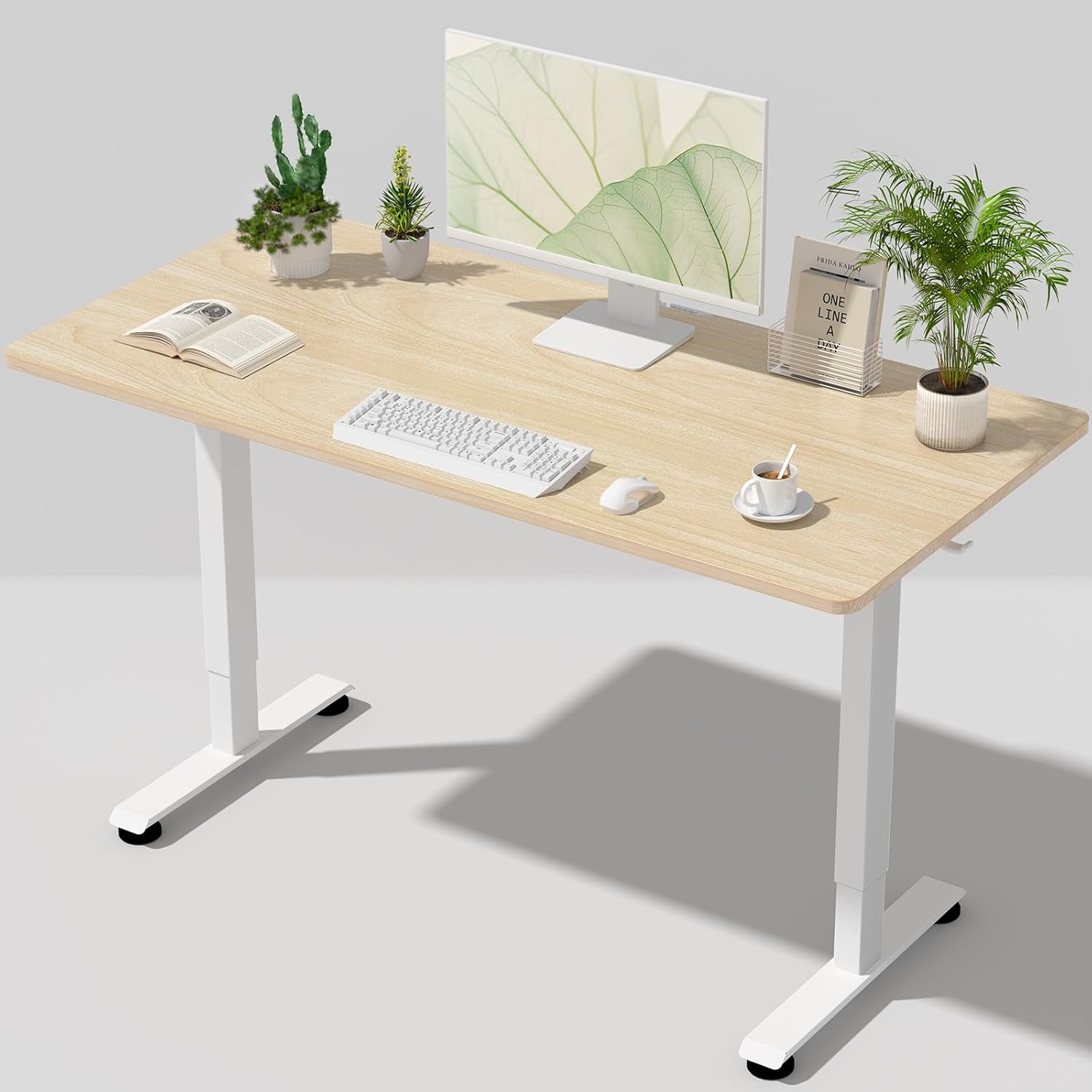 Veken 55 Inch Large Electric Standing Desk, Heights Adjustable, Sit to Stand Up, Work Home Office Computer Table for Study, Walking Pad, Writing, and Games, Wooden Desktop Desks, Brown