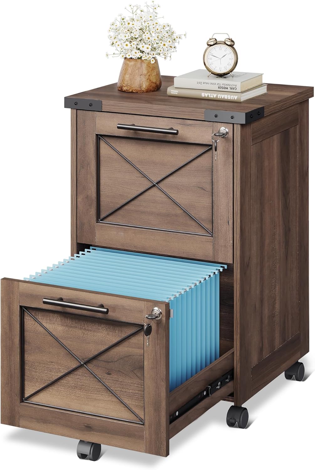 DEVAISE 3-Drawer File Cabinet with Hanging Files, Mobile Rolling Storage Cabinet for Home Office, Printer Stand, Farmhouse Style, Oak