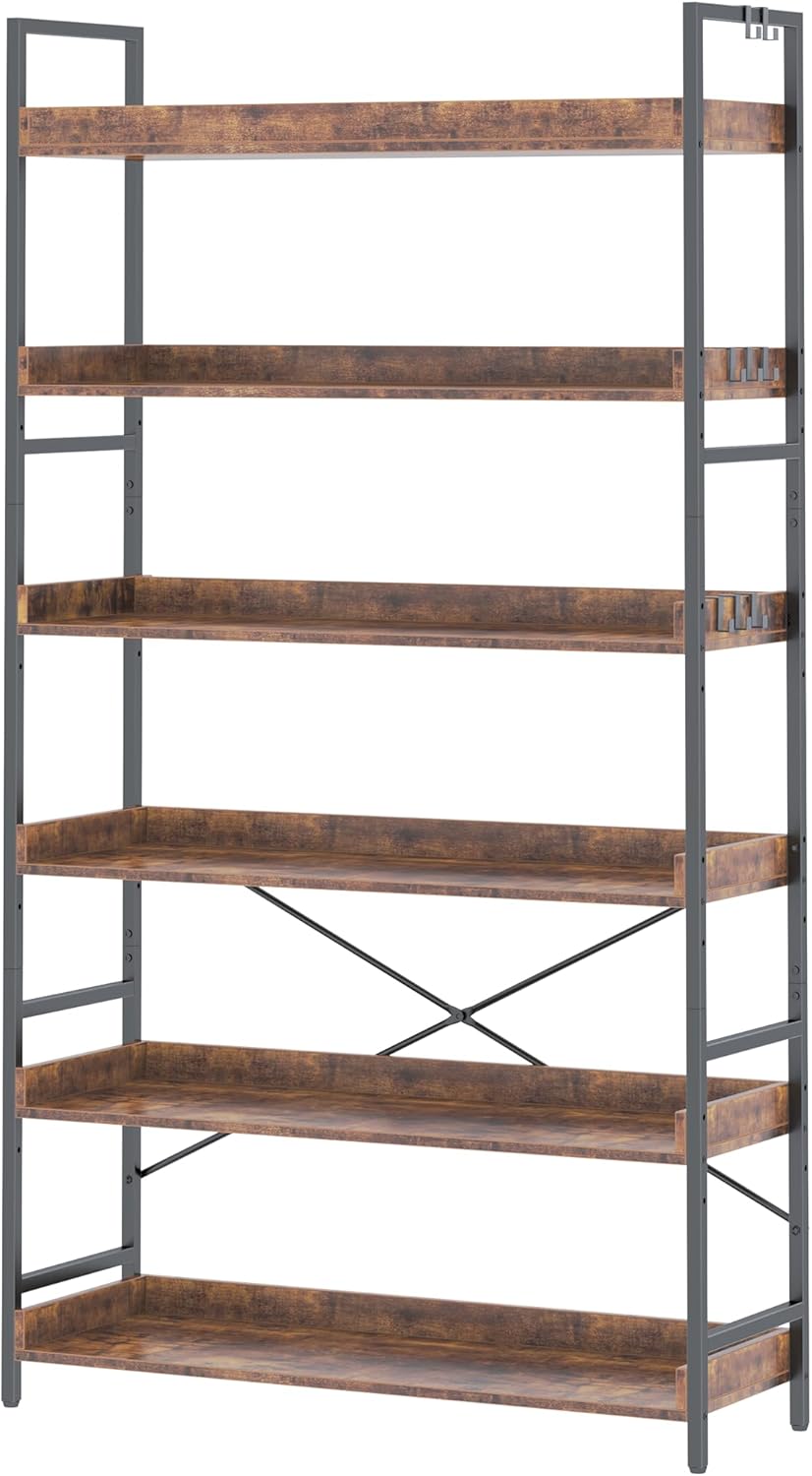 HCHQHS Adjustable 6 Tier Open Bookcase, Rustic Farmhouse Book Shelves, Industrial Wood and Black Metal Bookshelves, Mid Century Bookcase for Home Office Living Room Bedroom