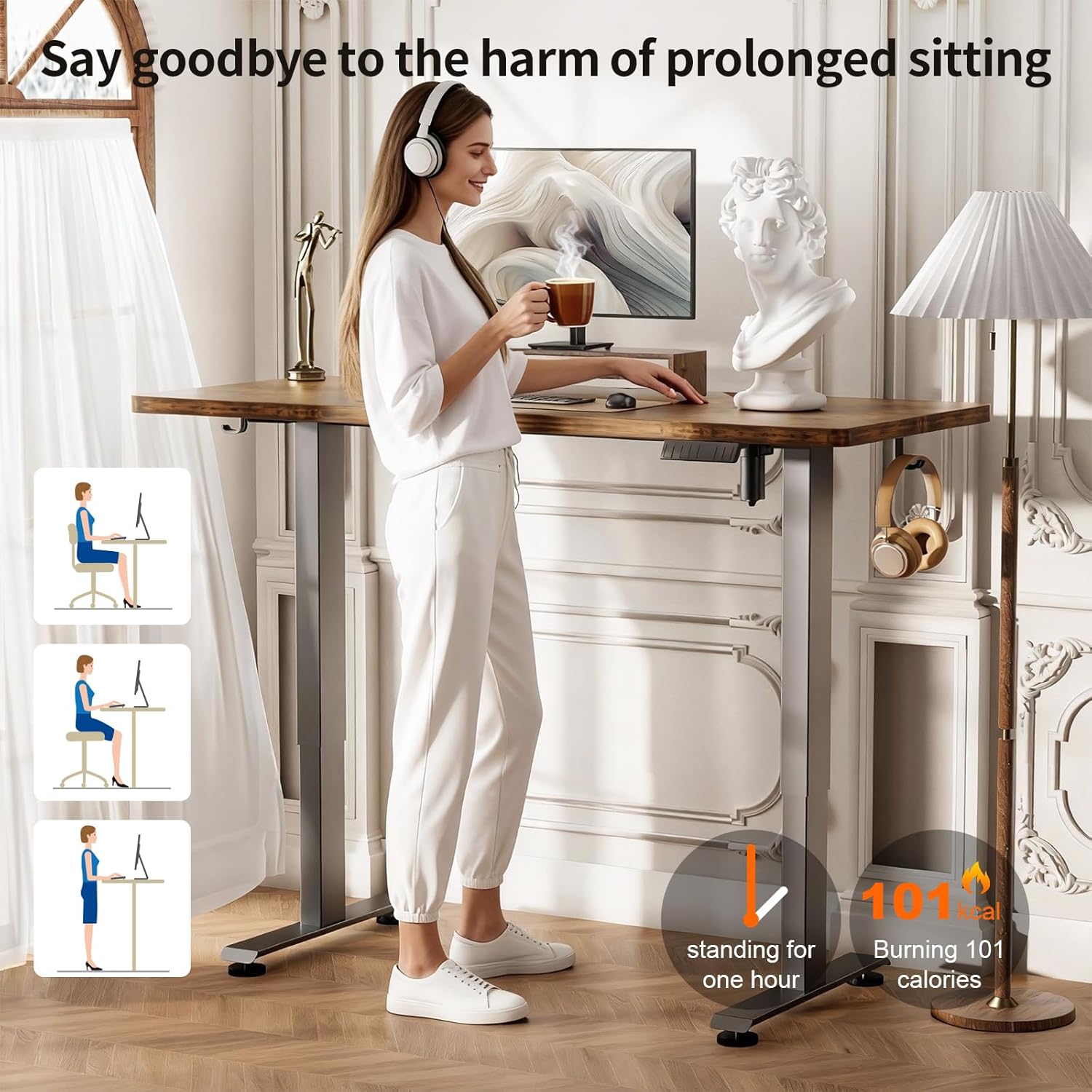 Veken 55 Inch Large Electric Standing Desk, Heights Adjustable, Sit to Stand Up, Work Home Office Computer Table for Study, Walking Pad, Writing, and Games, Wooden Desktop Desks, Brown