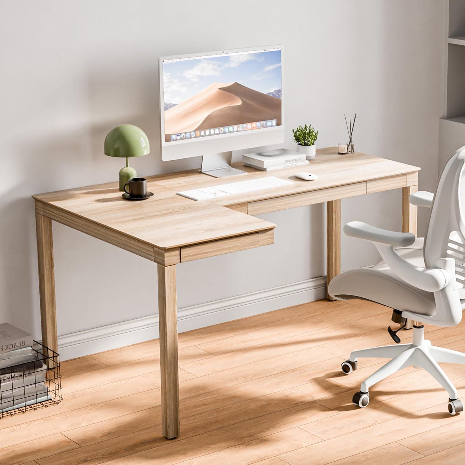 EUREKA ERGONOMIC 63 Inch L Shaped Desk with Drawers, Large Executive Computer Corner Table Dual Monitor, Wood Furniture Work Desk for Home Office Study Craft Writing, Oak, Left Side