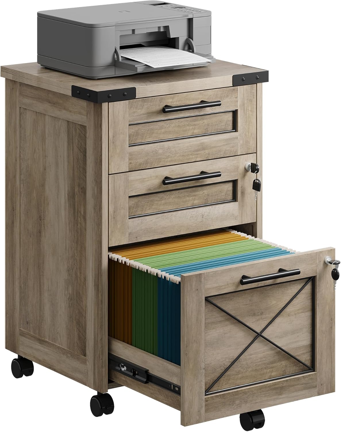 DEVAISE 3-Drawer File Cabinet with Hanging Files, Mobile Rolling Storage Cabinet for Home Office, Printer Stand, Farmhouse Style, Oak