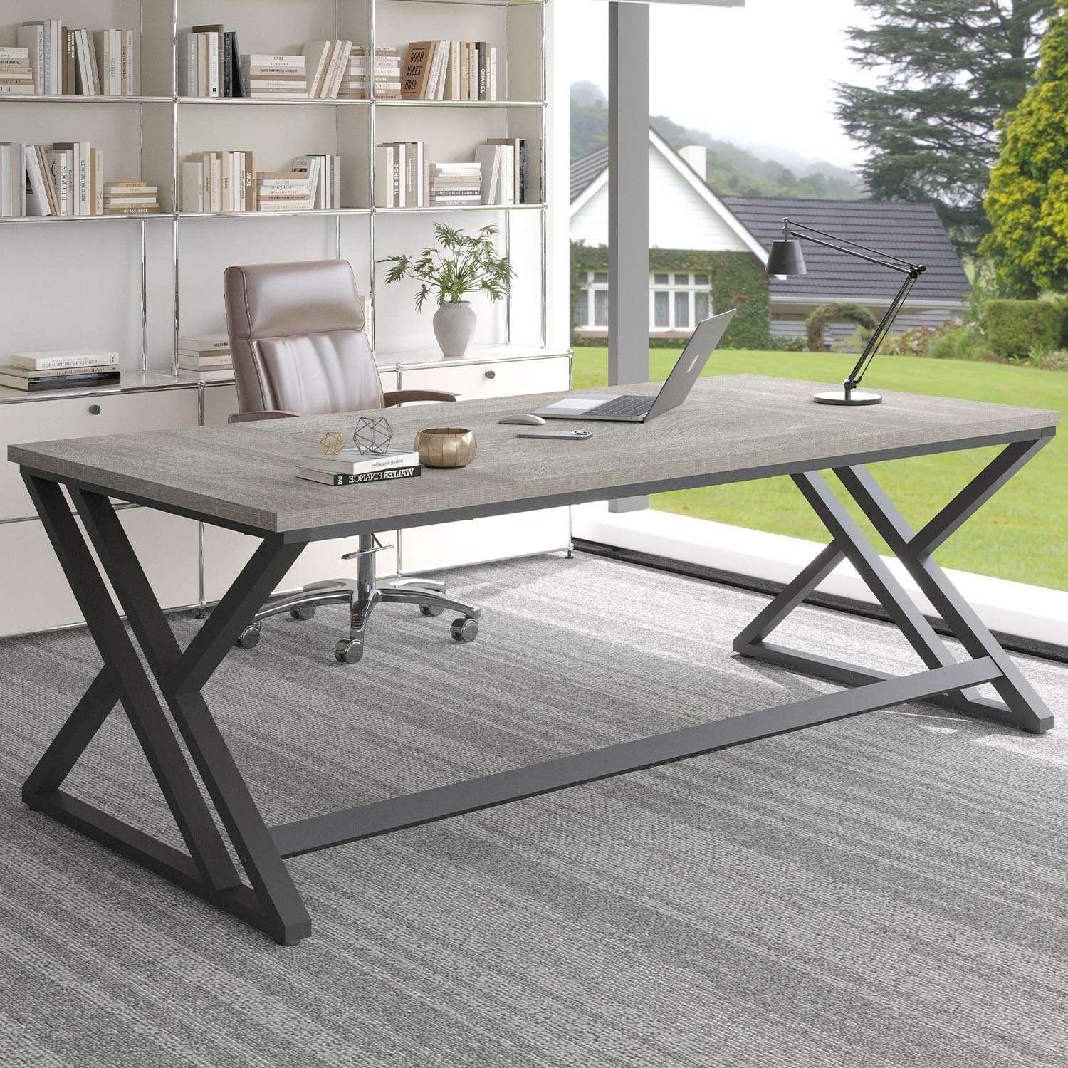 LVB Long Rustic Computer Desk, Industrial Large Wood Metal Office Desk, Modern Pc Study Gaming Writing Table for Two Person, Workstation Executive Desk for Home Bedroom Living Room, Dark Gray, 70 Inch