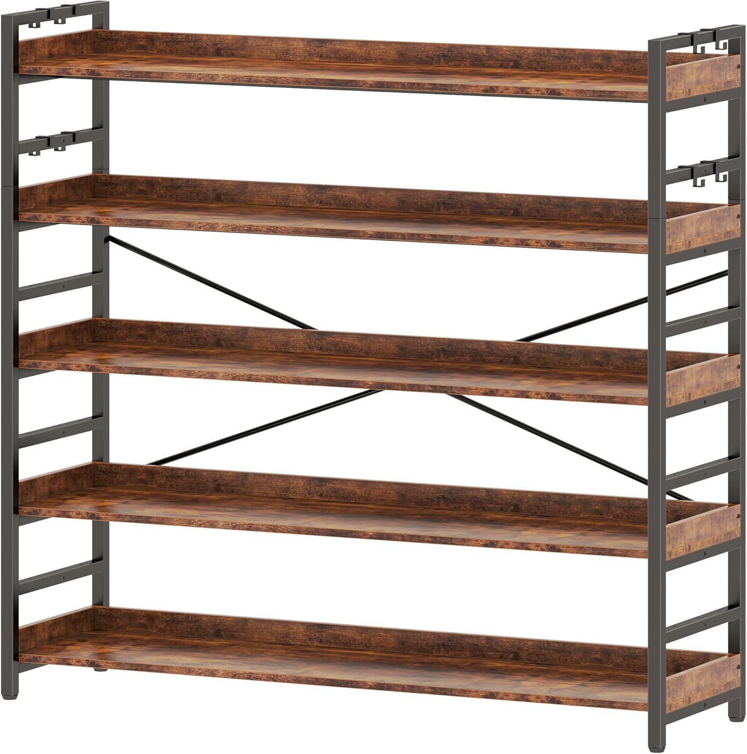 HCHQHS Adjustable 6 Tier Open Bookcase, Rustic Farmhouse Book Shelves, Industrial Wood and Black Metal Bookshelves, Mid Century Bookcase for Home Office Living Room Bedroom