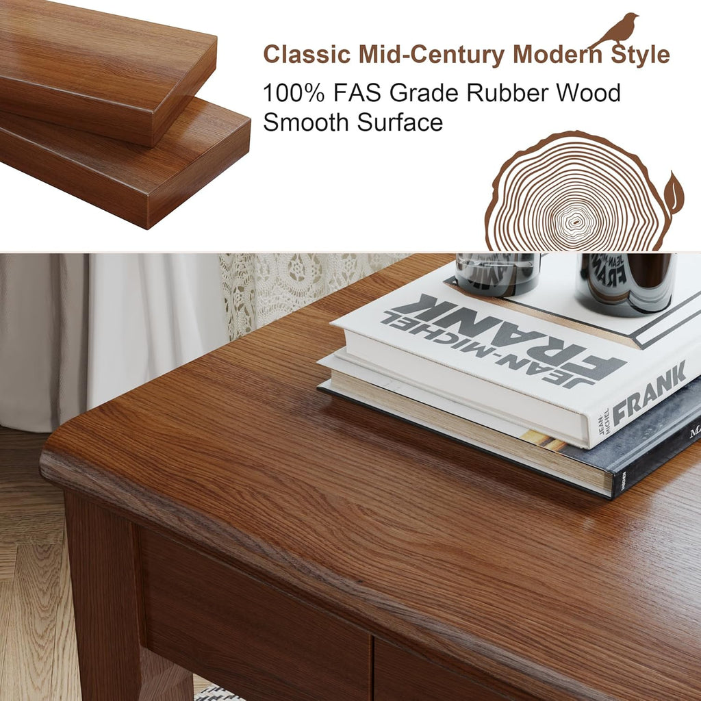 Solid Wooden Desk with Drawers - 39 x 16 Inch Narrow Desks, Rubberwood Mid Century Modern Desks, Small Writing Desk for Bedroom|Small Spaces - Walnut Color