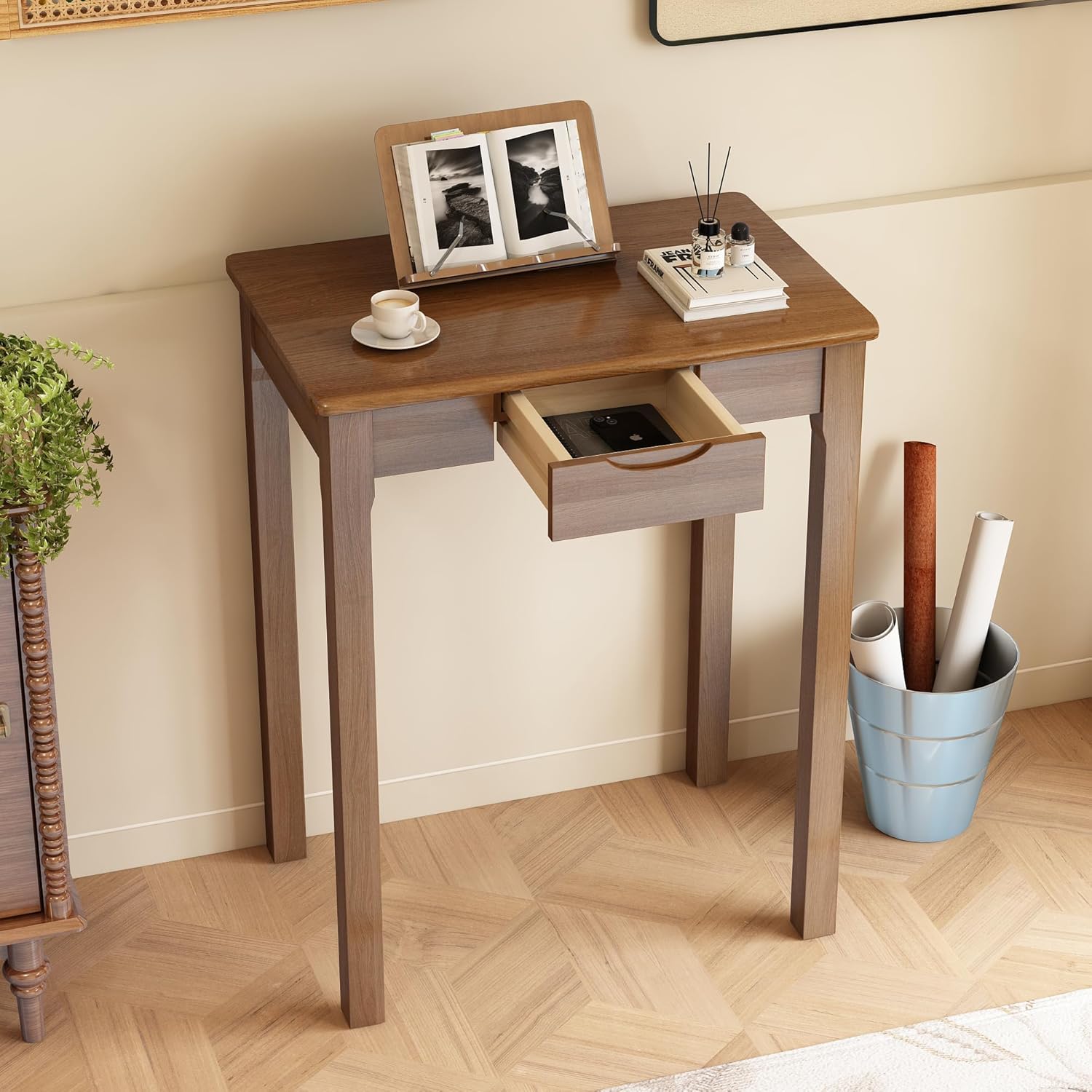 Solid Wooden Desk with Drawers - 39 x 16 Inch Narrow Desks, Rubberwood Mid Century Modern Desks, Small Writing Desk for Bedroom|Small Spaces - Walnut Color