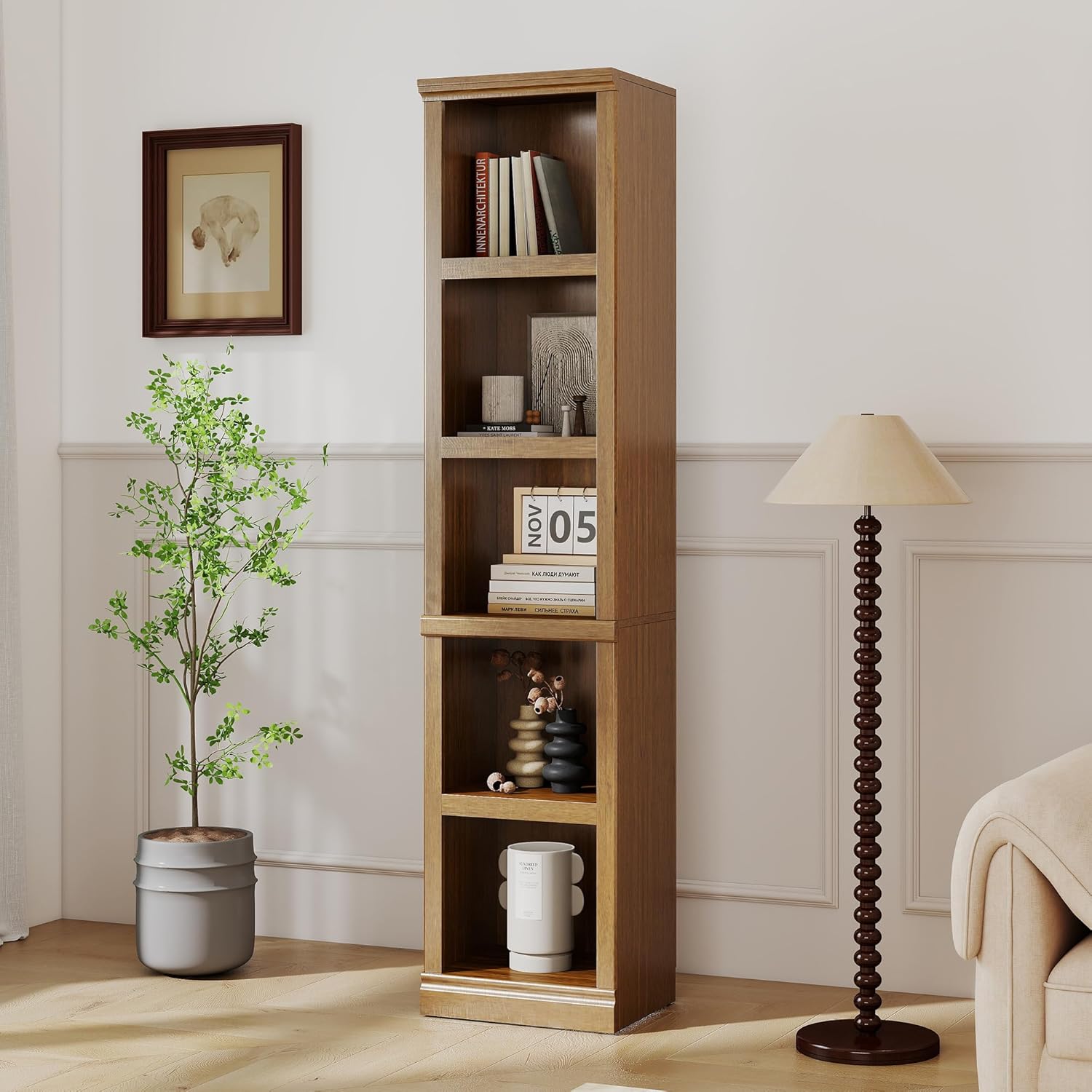 blini 5-Shelf Tall Bookcase White Wooden Bookshelves 33in Wide 5 Tier Bookcases with Adjustable Shelves Floor Standing Display Book Shelves 70 in Tall Bookcase for Home Office, Living Room, Bed Room