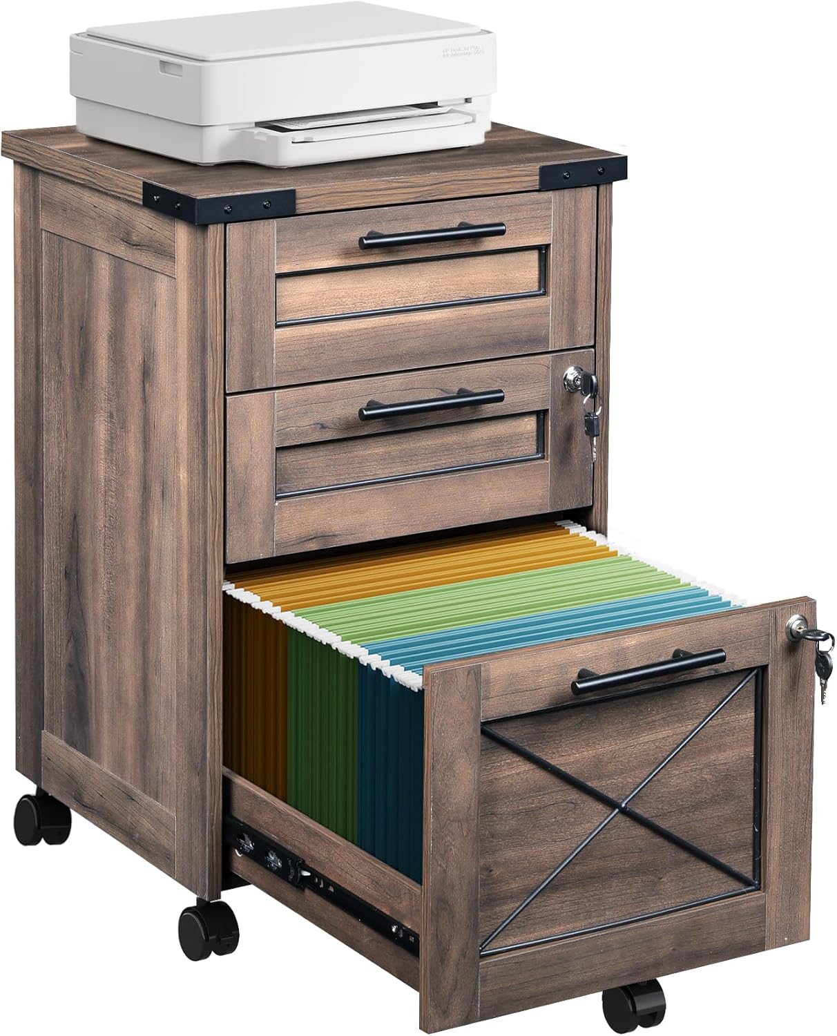 DEVAISE 3-Drawer File Cabinet with Hanging Files, Mobile Rolling Storage Cabinet for Home Office, Printer Stand, Farmhouse Style, Oak