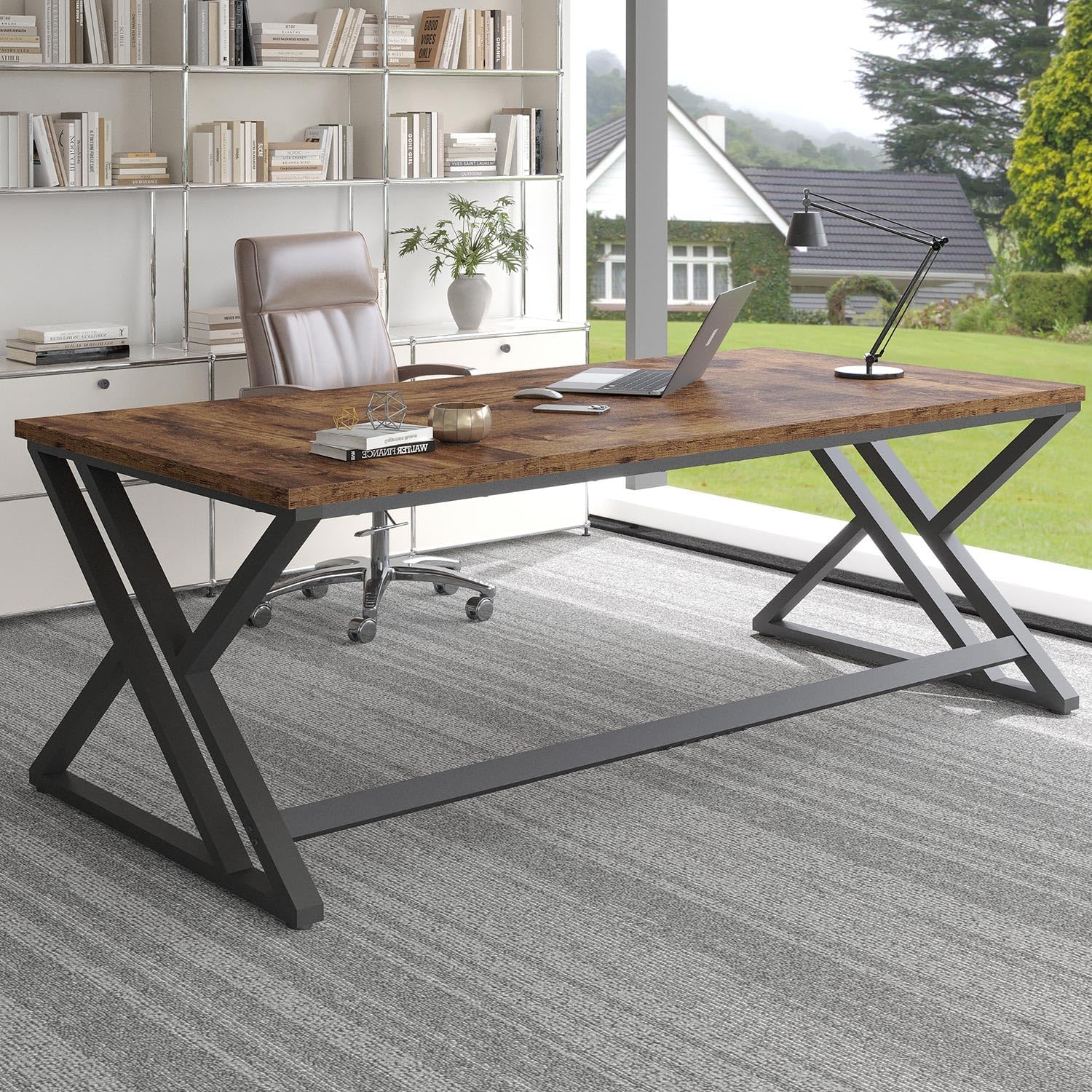 LVB Long Rustic Computer Desk, Industrial Large Wood Metal Office Desk, Modern Pc Study Gaming Writing Table for Two Person, Workstation Executive Desk for Home Bedroom Living Room, Dark Gray, 70 Inch