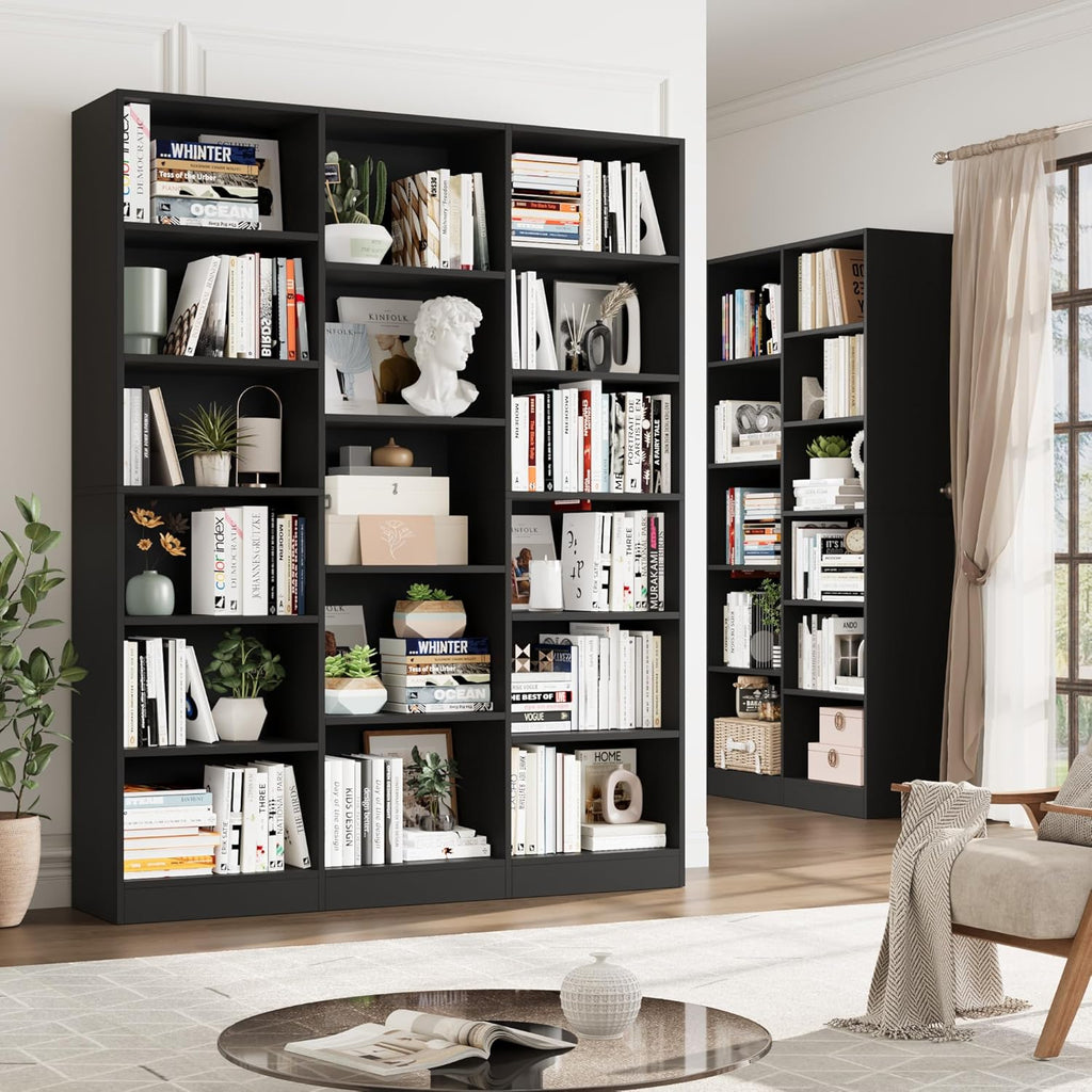 FACBOTALL Triple Wide Bookshelf, 6 Tier Large Bookshelf, Bookcase with 17 Open Display Shelves, 74'' Tall Bookcases and Bookshelves for Living Room, Home Office, Library, Black