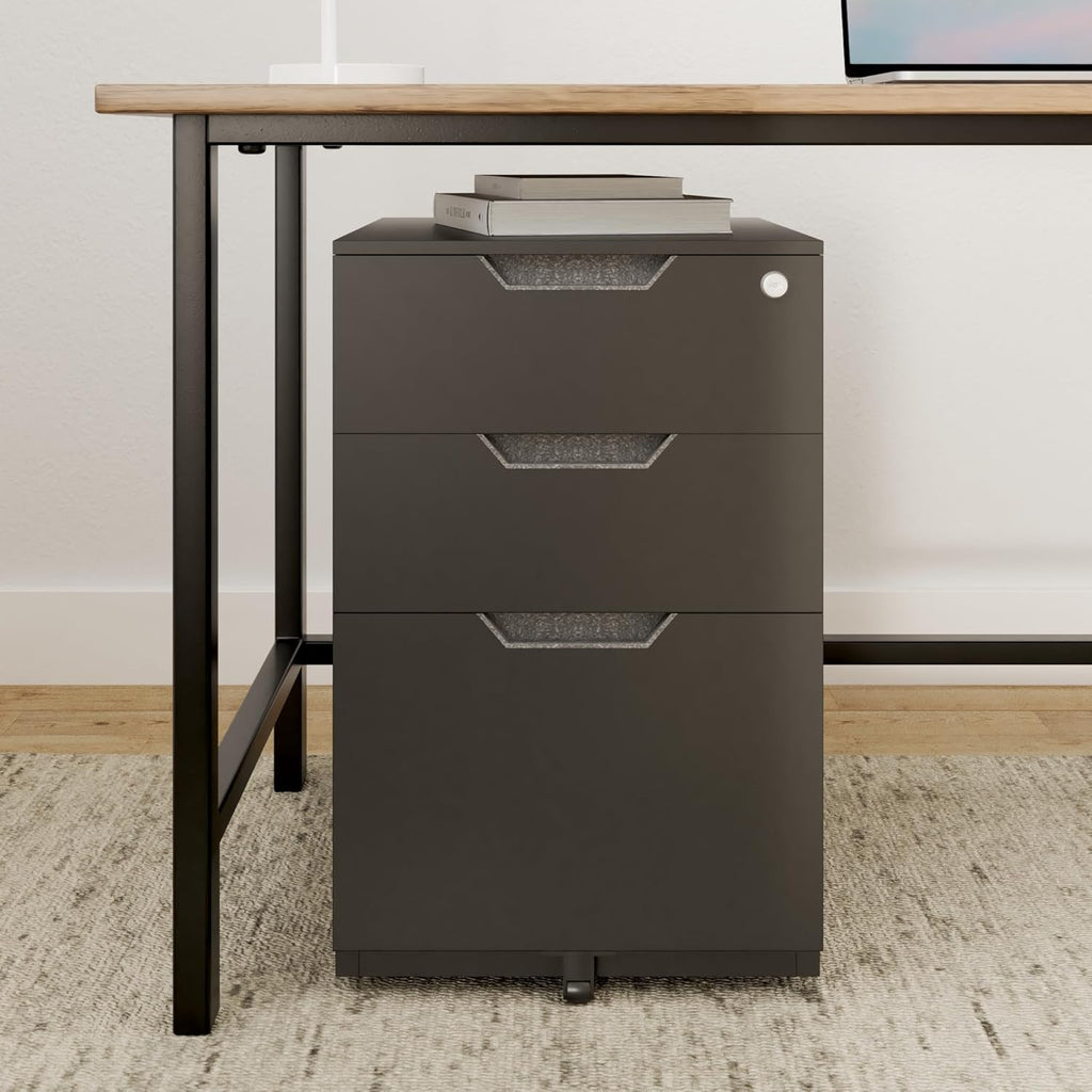 Amazon Basics Mobile File Cabinet, Black, 20.71" D x 15.51" W x 24.29" H | With Lock, 3 Drawer