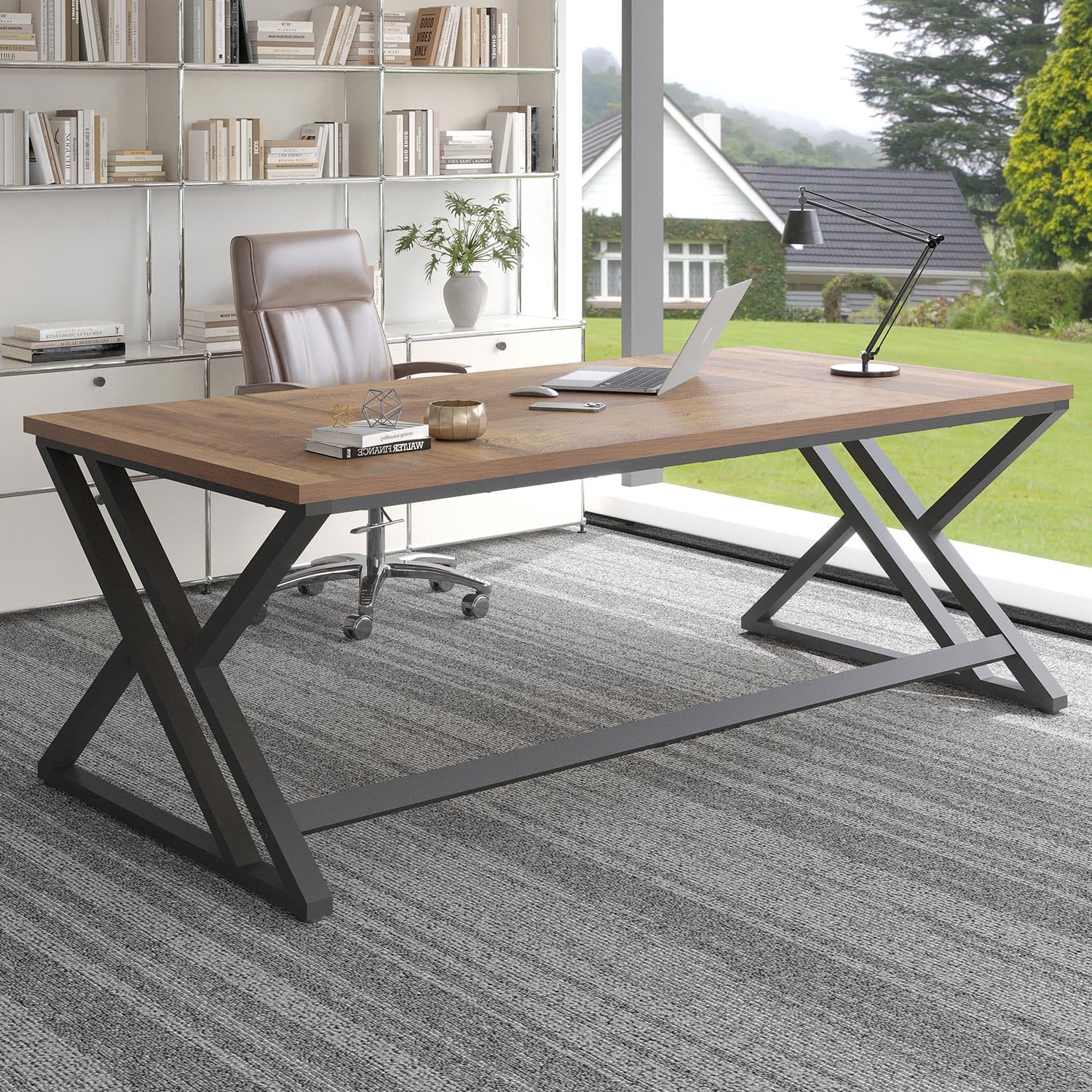 LVB Long Rustic Computer Desk, Industrial Large Wood Metal Office Desk, Modern Pc Study Gaming Writing Table for Two Person, Workstation Executive Desk for Home Bedroom Living Room, Dark Gray, 70 Inch