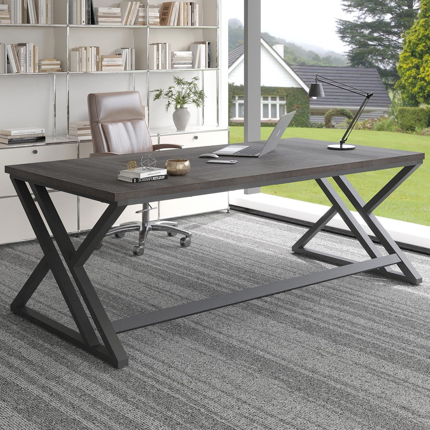 LVB Long Rustic Computer Desk, Industrial Large Wood Metal Office Desk, Modern Pc Study Gaming Writing Table for Two Person, Workstation Executive Desk for Home Bedroom Living Room, Dark Gray, 70 Inch