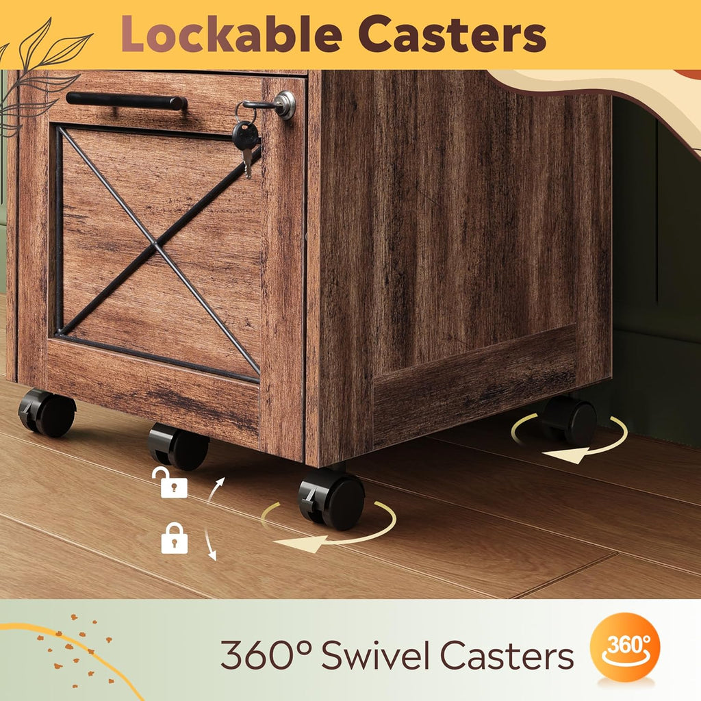 DEVAISE 3-Drawer File Cabinet with Hanging Files, Mobile Rolling Storage Cabinet for Home Office, Printer Stand, Farmhouse Style, Oak