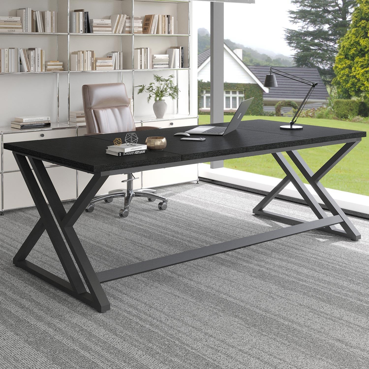 LVB Long Rustic Computer Desk, Industrial Large Wood Metal Office Desk, Modern Pc Study Gaming Writing Table for Two Person, Workstation Executive Desk for Home Bedroom Living Room, Dark Gray, 70 Inch