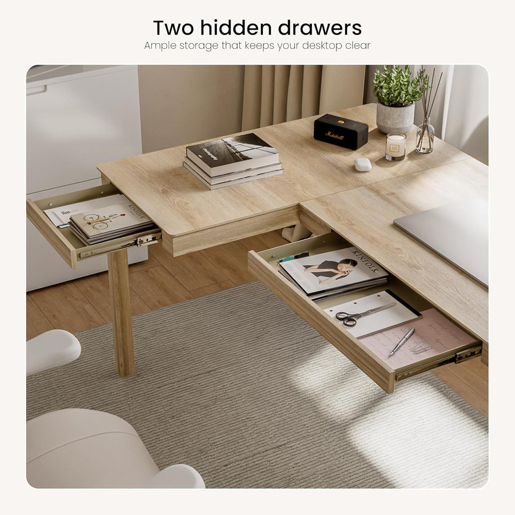 EUREKA ERGONOMIC 63 Inch L Shaped Desk with Drawers, Large Executive Computer Corner Table Dual Monitor, Wood Furniture Work Desk for Home Office Study Craft Writing, Oak, Left Side