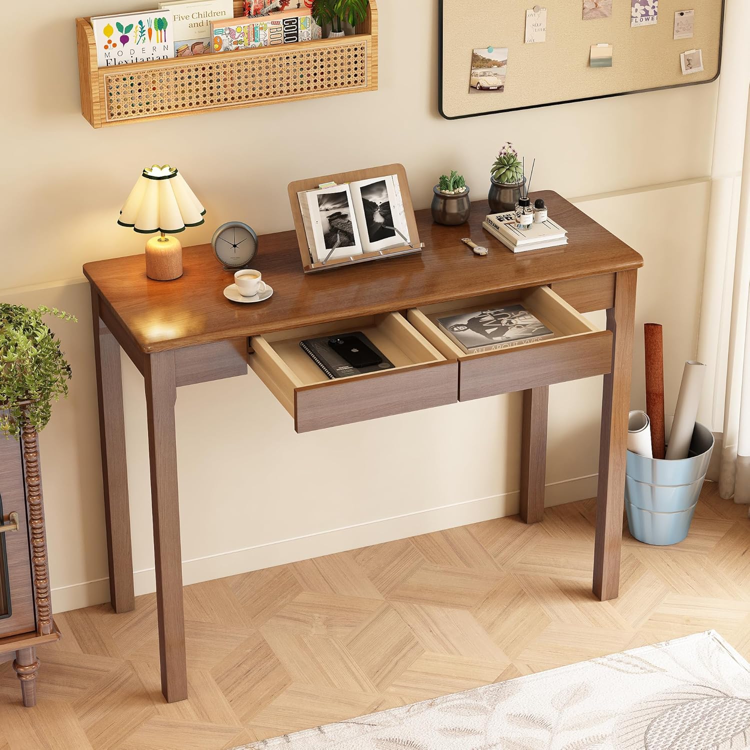 Solid Wooden Desk with Drawers - 39 x 16 Inch Narrow Desks, Rubberwood Mid Century Modern Desks, Small Writing Desk for Bedroom|Small Spaces - Walnut Color