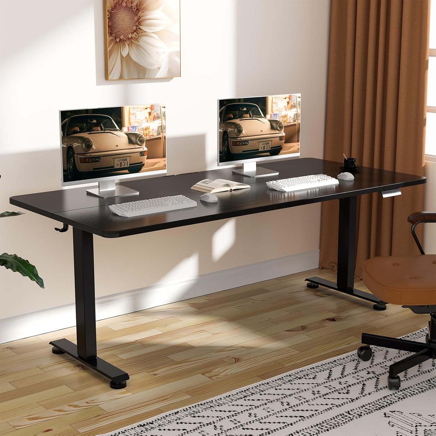 Veken 55 Inch Large Electric Standing Desk, Heights Adjustable, Sit to Stand Up, Work Home Office Computer Table for Study, Walking Pad, Writing, and Games, Wooden Desktop Desks, Brown